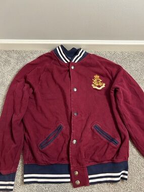 Polo Ralph Lauren Men's Burgundy Varsity Bomber Jacket with Navy Trim Large